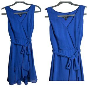 By & By Sleeveless Blue V-Neck Faux Wrap Dress Ruffle Hem, XS, Summer, Night Out